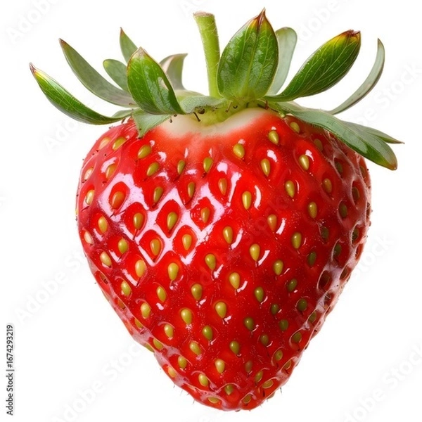 Obraz 新鮮な赤いいちごのクローズアップ 白い背景に緑の葉が付いた単体