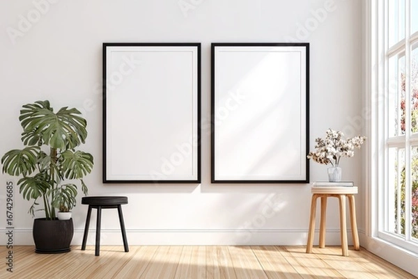 Fototapeta Two framed prints on a white wall, minimalist aesthetic.  Sunlight streams in from window.  Plants and stool add life