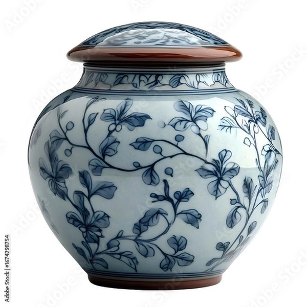 Obraz 青と白の花柄装飾が施された陶器の壺 蓋付き 白背景 伝統的デザイン