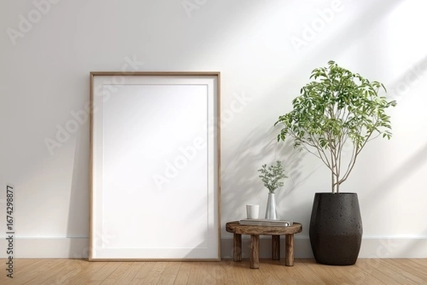 Fototapeta Minimalist interior scene with a blank frame, plant, and table