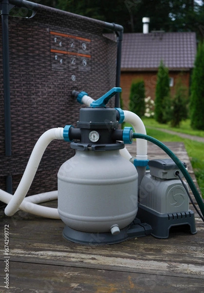 Fototapeta The pump that drives the filtering and ozonation process to keep an outdoor pool hygienic.