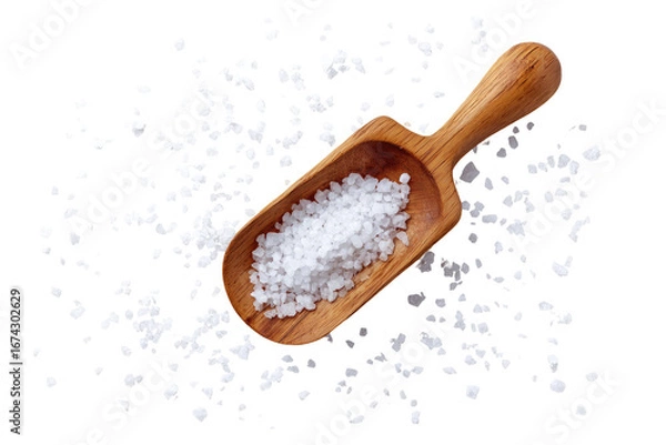 Obraz Wooden salt scoop filled with crystals, scattered salt