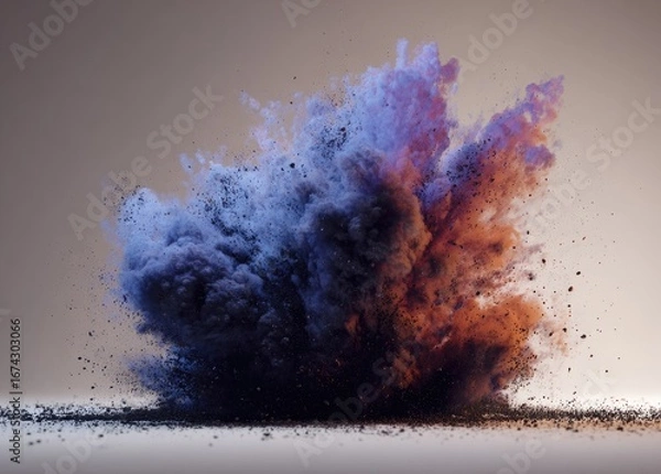Fototapeta Explosive burst of colored powder.  A dramatic explosion of vibrant,  violet and orange-toned dust,  radiating outward against a muted background