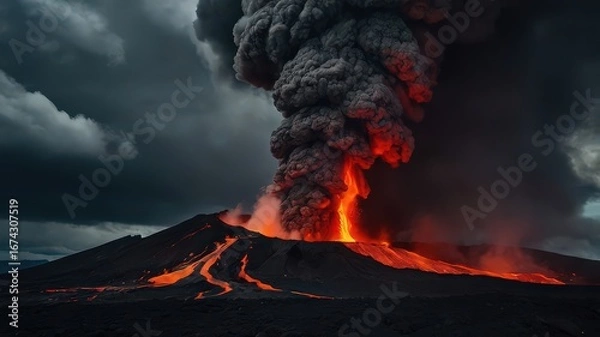 Fototapeta 
Massive Volcanic Eruption with a River of Molten Lava and a Huge Column of Dark Ash Against a Dramatic Sky
