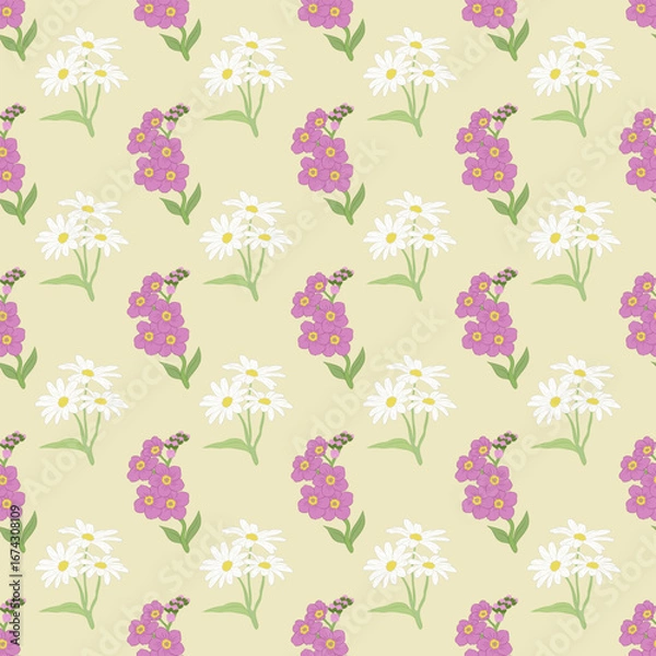 Fototapeta White and purple flower bouquet pattern on yellow background for fabric, apparel and wallpaper design.
