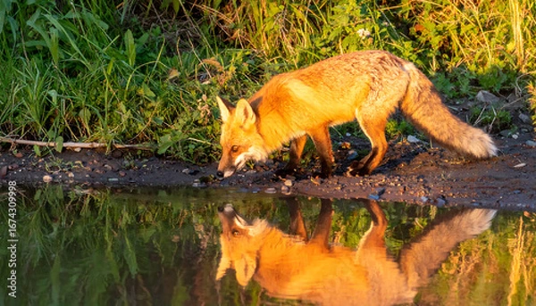 Obraz Fox drinking from puddle sunset reflection