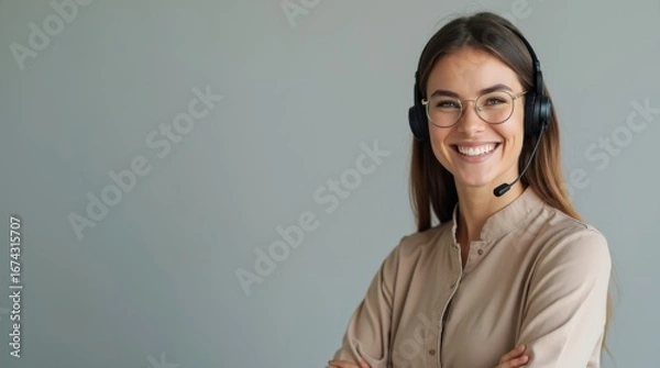Fototapeta Professional female call center operator wearing headset, smiling confidently while providing customer support against neutral gray background