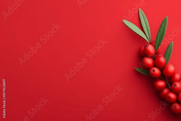 Fototapeta Festive holly branch with red berries and green leaves, vibrant on red, representing Christmas, holidays, and winter decoration, with copy space