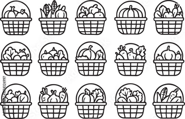 Fototapeta Collection of Baskets Filled with Fresh Vegetables and Produce