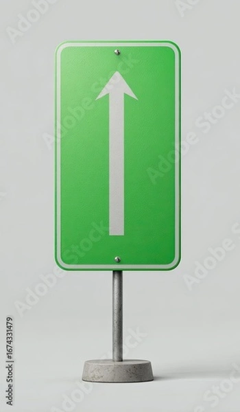 Fototapeta A bright green traffic sign with a white arrow pointing upward, mounted on a gray metal post with a concrete base