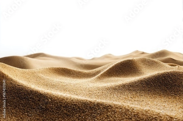 Fototapeta Golden sand dunes against a white background.  Soft, undulating, tan-colored sand hills gently slope towards the horizon