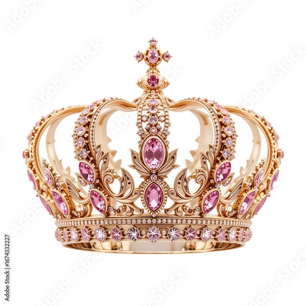 Fototapeta Golden crown with Pink Diamonds isolated on transparent background