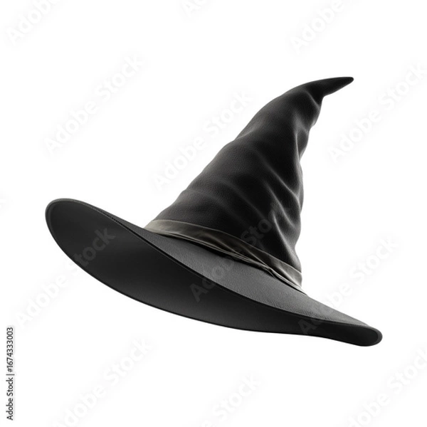 Fototapeta  stylish black witch hat featuring a tall pointed crown, perfectly isolated on a transparent PNG background for Halloween costume 