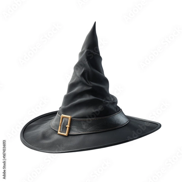 Fototapeta  stylish black witch hat featuring a tall pointed crown, perfectly isolated on a transparent PNG background for Halloween costume 