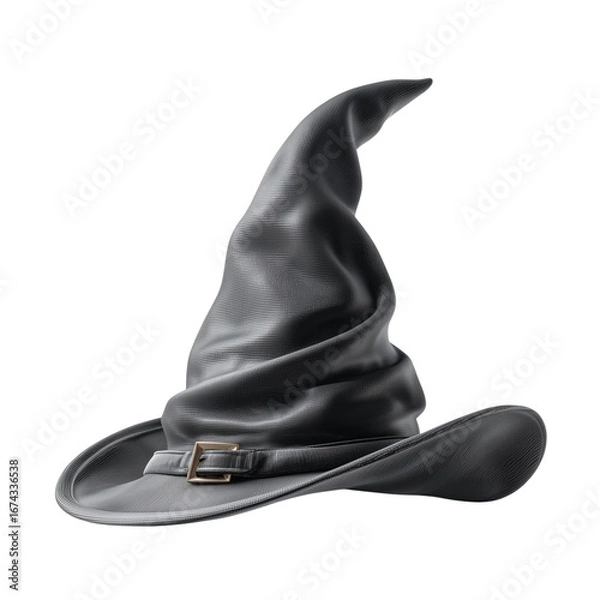 Fototapeta  stylish black witch hat featuring a tall pointed crown, perfectly isolated on a transparent PNG background for Halloween costume 