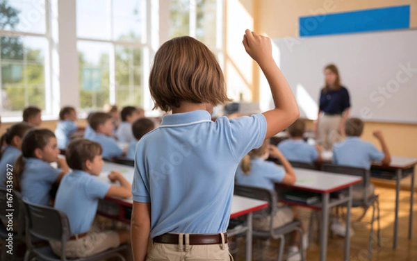 Obraz back view of a student raising their hand in a classroom