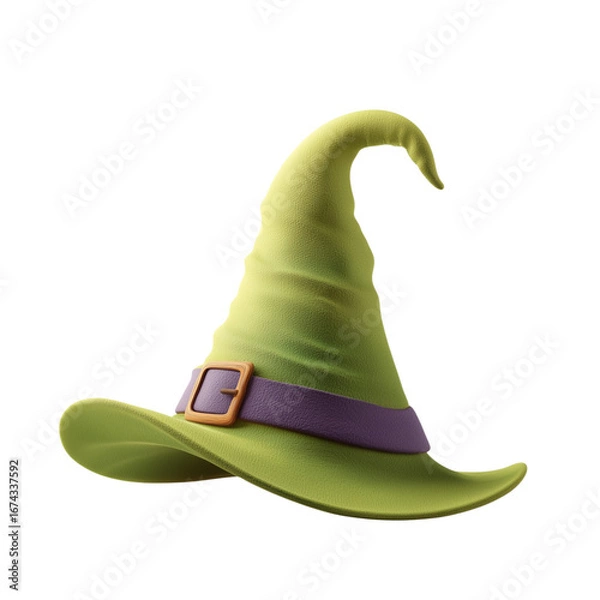 Fototapeta  stylish green witch hat featuring a tall pointed crown, perfectly isolated on a transparent PNG background for Halloween costume 