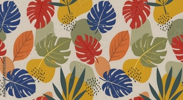 Fototapeta Vibrant tropical leaves pattern with abstract shapes and dots in a colorful, retroinspired design on a neutral background, perfect for textiles and decor