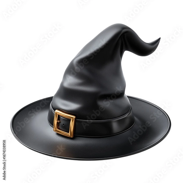 Fototapeta  stylish black witch hat featuring a tall pointed crown, perfectly isolated on a transparent PNG background for Halloween costume 