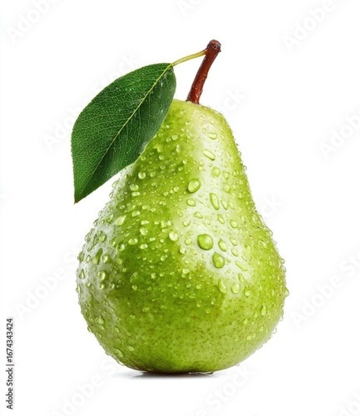 Fototapeta Fresh green pear with water droplets and leaf