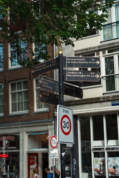 Obraz Amsterdam street signpost with directions to landmarks and central station