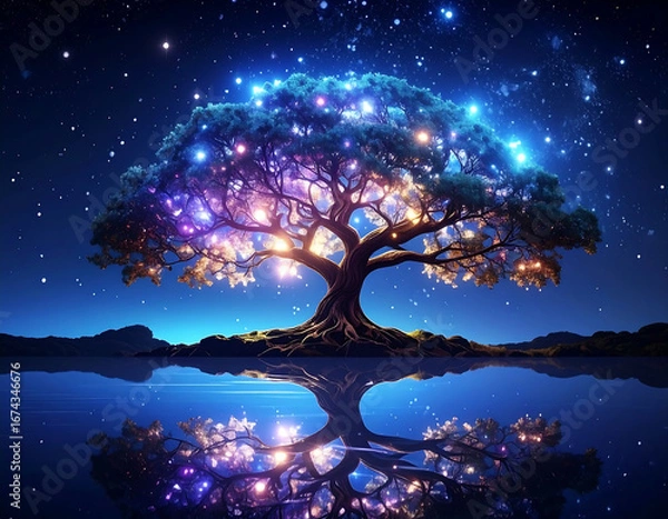 Fototapeta Luminous tree night sky reflection