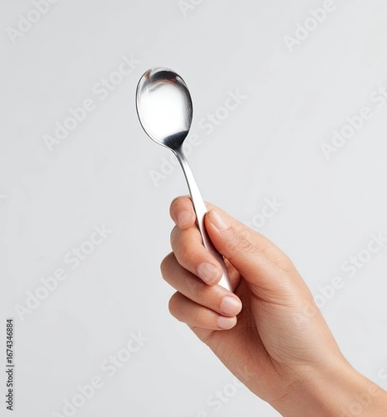 Fototapeta A hand holds a shiny, stainless steel teaspoon against a light gray background