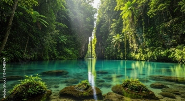 Fototapeta Serene Turquoise Waters Reflecting Lush Jungle Cliffs in a Hidden Tropical Gorge with Sunbeams