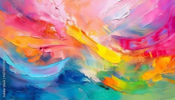Fototapeta a striking blend of colors fills the canvas featuring shades of pink yellow green and blue in a vivid abstract design the varied brush strokes create a lively atmosphere