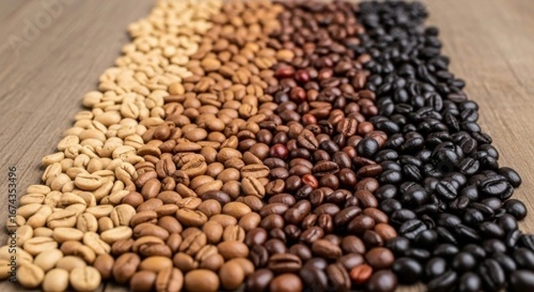 Obraz Coffee bean gradation from light to dark on wood surface