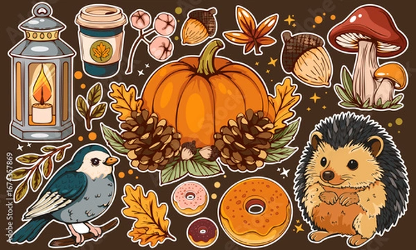 Fototapeta Cute cozy autumn stickers set with hedgehog, pumpkin, bird, mushrooms, lantern, coffee, donuts and pinecones