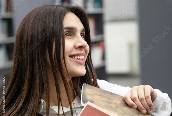 Fototapeta Smiling woman holding books in a library
