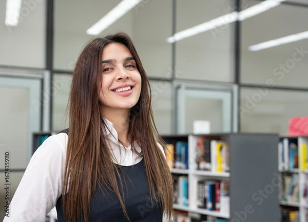 Fototapeta Smiling woman in a library, looking at the camera