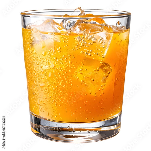 Fototapeta  lass of cold orange juice with ice and bubble of ambarella side view isolated on transparent and white background