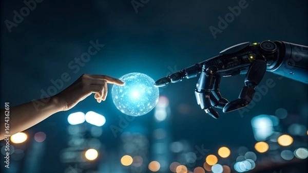 Fototapeta Human and robot hands reaching out to touch a glowing blue orb symbolizing artificial intelligence and technology in the future