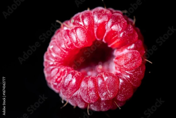 Fototapeta Close-up shot of a raspberry showing the details of the red fruit's texture. Black background.