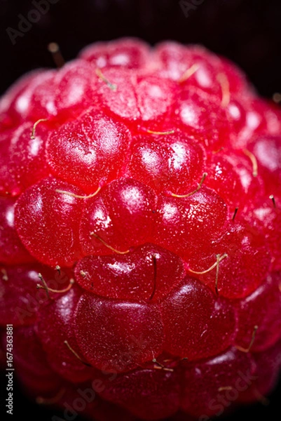 Fototapeta Close-up shot of a raspberry showing the details of the red fruit's texture. Black background.