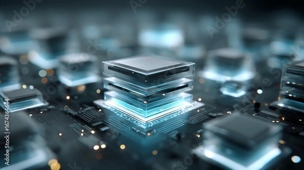 Fototapeta Abstract composition of layered 3D processor chips floating in blue light environment ideal for AI computing background or advanced tech product render visuals