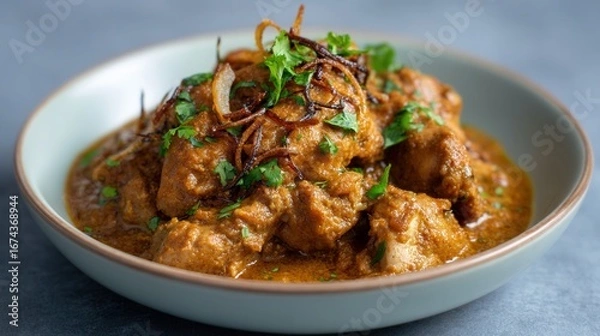 Obraz Exquisite Spicy Chicken Curry Garnished With Herbs and Fried Onions