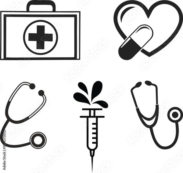Fototapeta A set of medical icons includes a stethoscope and heart to represent healthcare concepts like cardiology and the clinic