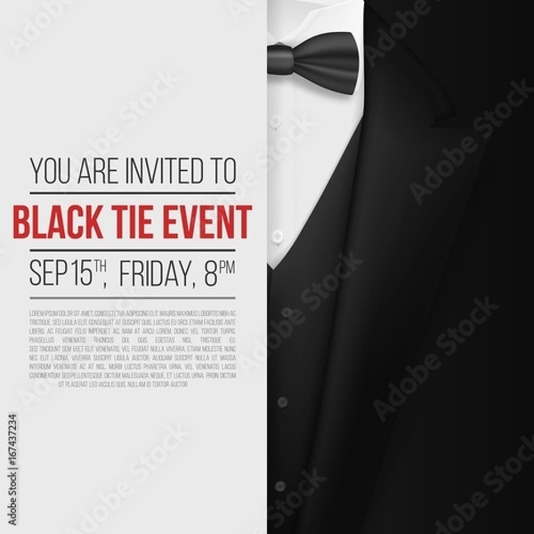 Fototapeta Illustration of Realistic Vector Black Suit. Black Tie Event Invitation Template. Vector Mens Suit with Bow Tie