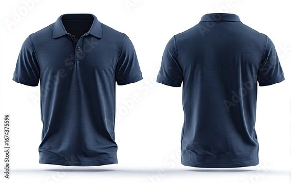 Fototapeta Front and back view of a navy polo shirt.  Blank,  men's  short-sleeved  polo.  Solid  color.  Button-down collar.  Studio  shot.  Product  mockup
