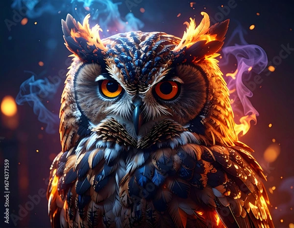Obraz Owl with fire and smoke effects