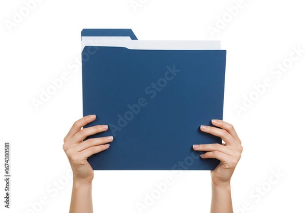 Fototapeta Hands holding a blue file folder, perfect for presentations, documents, and business reports