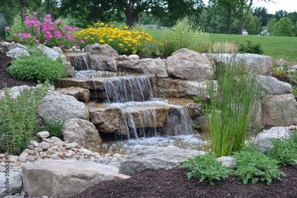 Fototapeta Summer Garden Design: Landscape Architecture Showcasing Stone Water Features, Lush Green Plants, and Vibrant Flowers