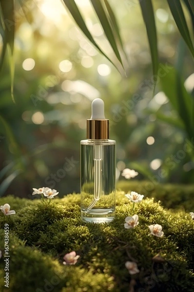 Obraz Glass dropper bottle for skin care on green forest background. Mockup for cosmetic products.