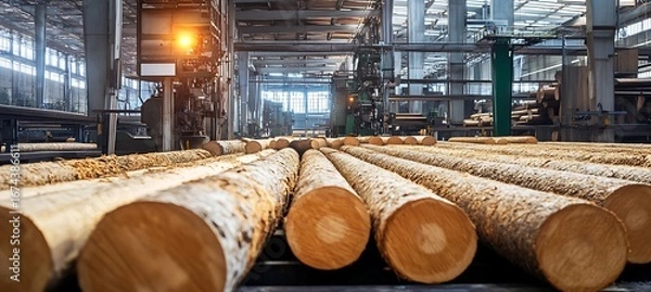 Fototapeta Wood logs in a sawmill ready for processing and cutting for lumber production and industry usage