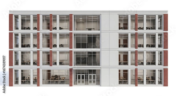 Obraz Symmetrical four-story modern office building facade with large windows, isolated on a clean white background for architectural visualization