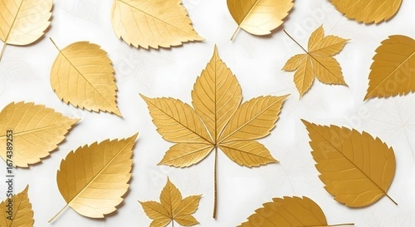 Fototapeta A collection of golden autumn leaves scattered on a white background, showcasing the beauty of fall foliage in a luxurious metallic finish