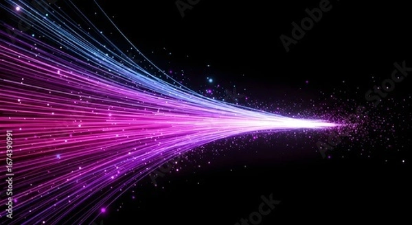 Fototapeta A stream of glowing pink and blue light particles on a black background. High-speed data transfer and fiber optics. An abstract representation of energy, communication, and technology.